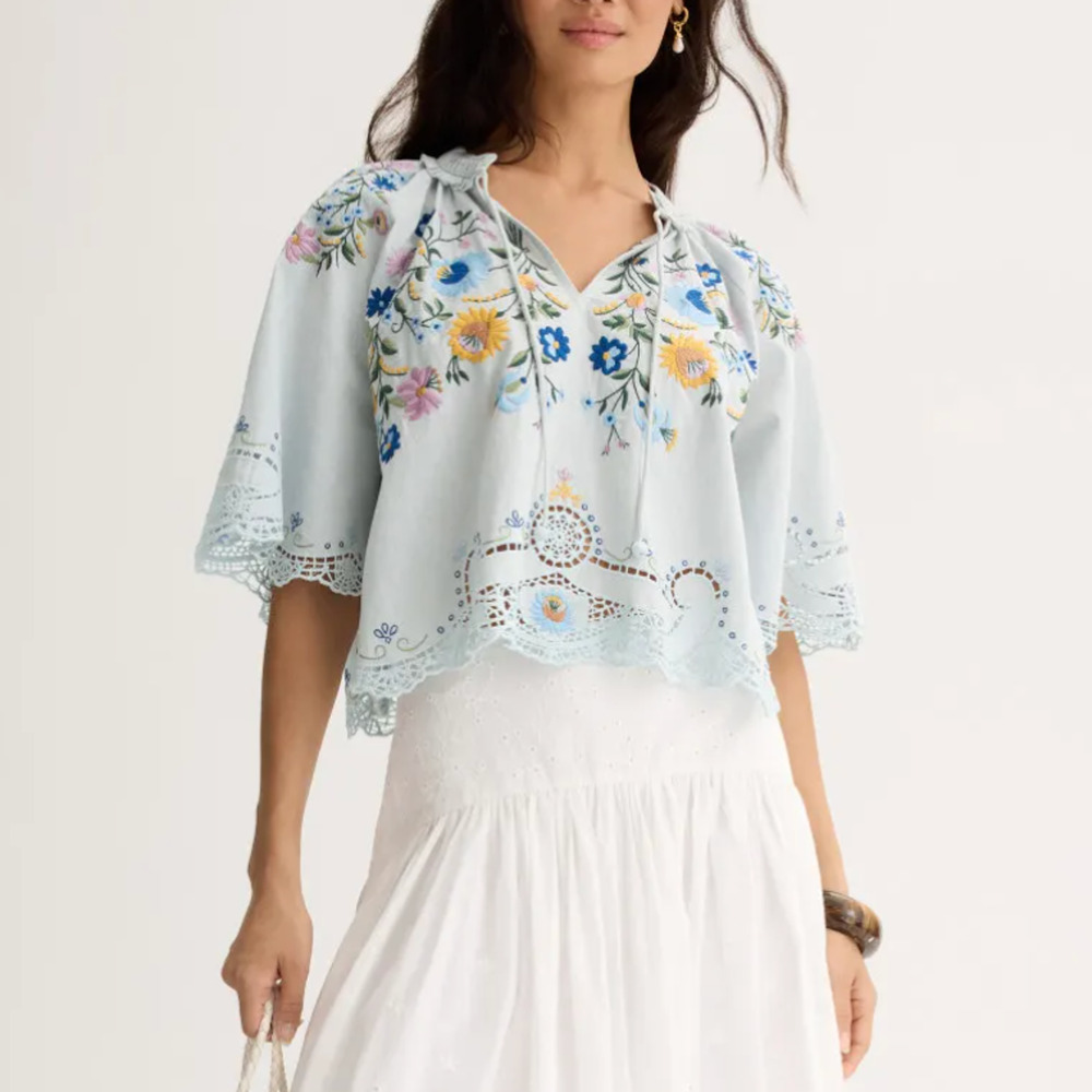 SEA New York Blue Embroidered Crop Top MEDIUM Boho Cottage Designer Boho $400